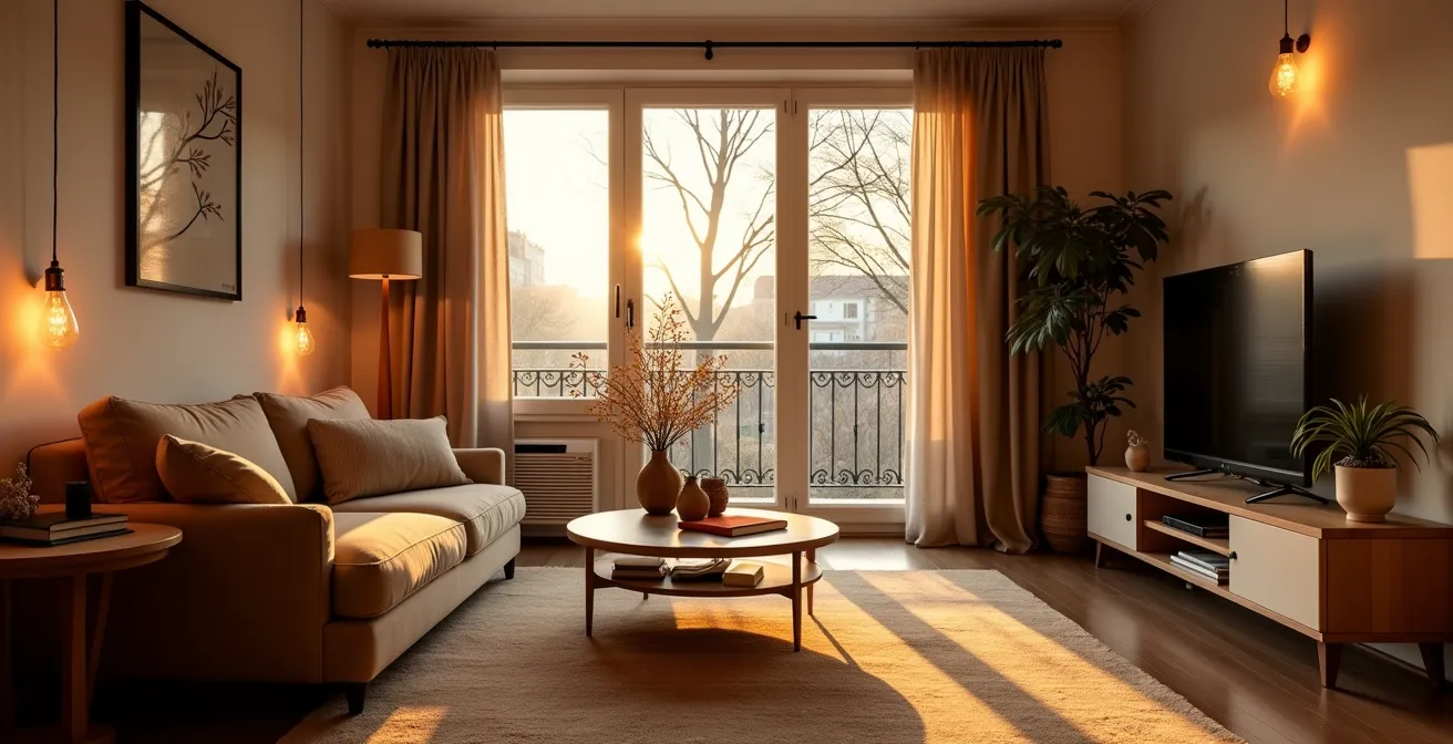 Salon français moderne et cosy, baigné dans la lumière chaude et accueillante d'ampoules LED 2700K.