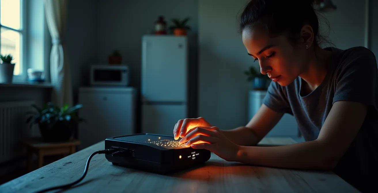 Station d'énergie portable connectée à un panneau solaire alimentant des appareils essentiels dans une maison