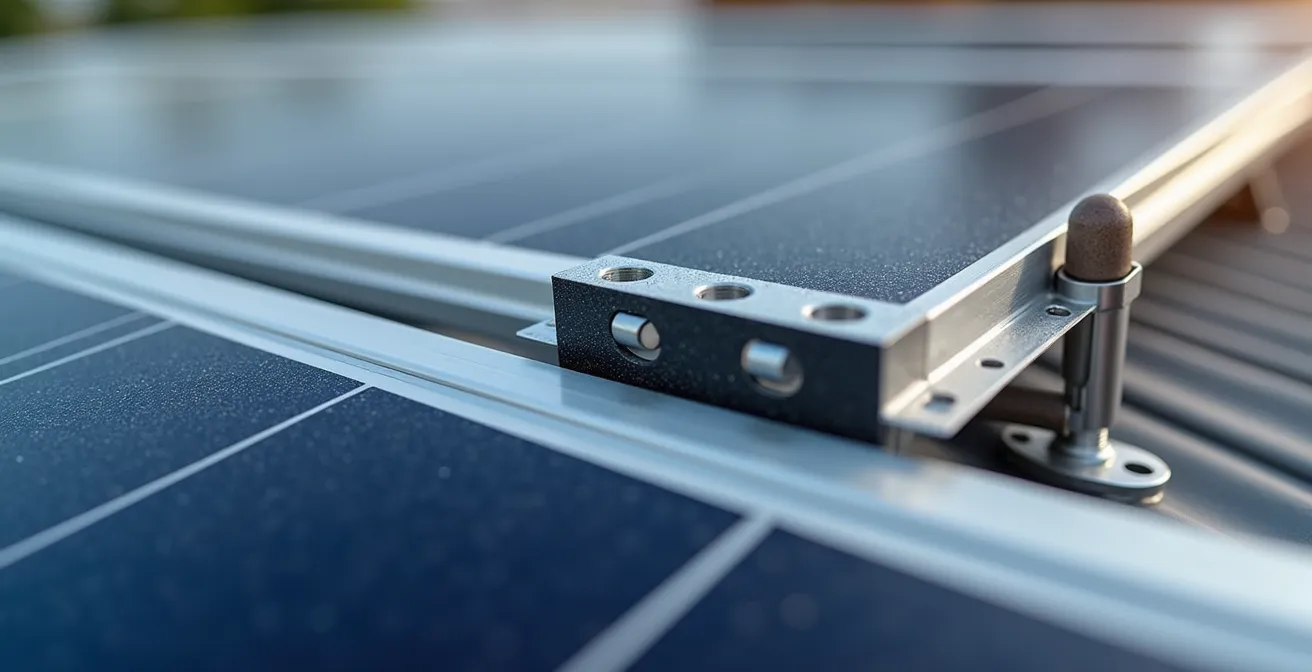 Détail macro de différents systèmes de fixation pour panneaux solaires sur tuiles et ardoises