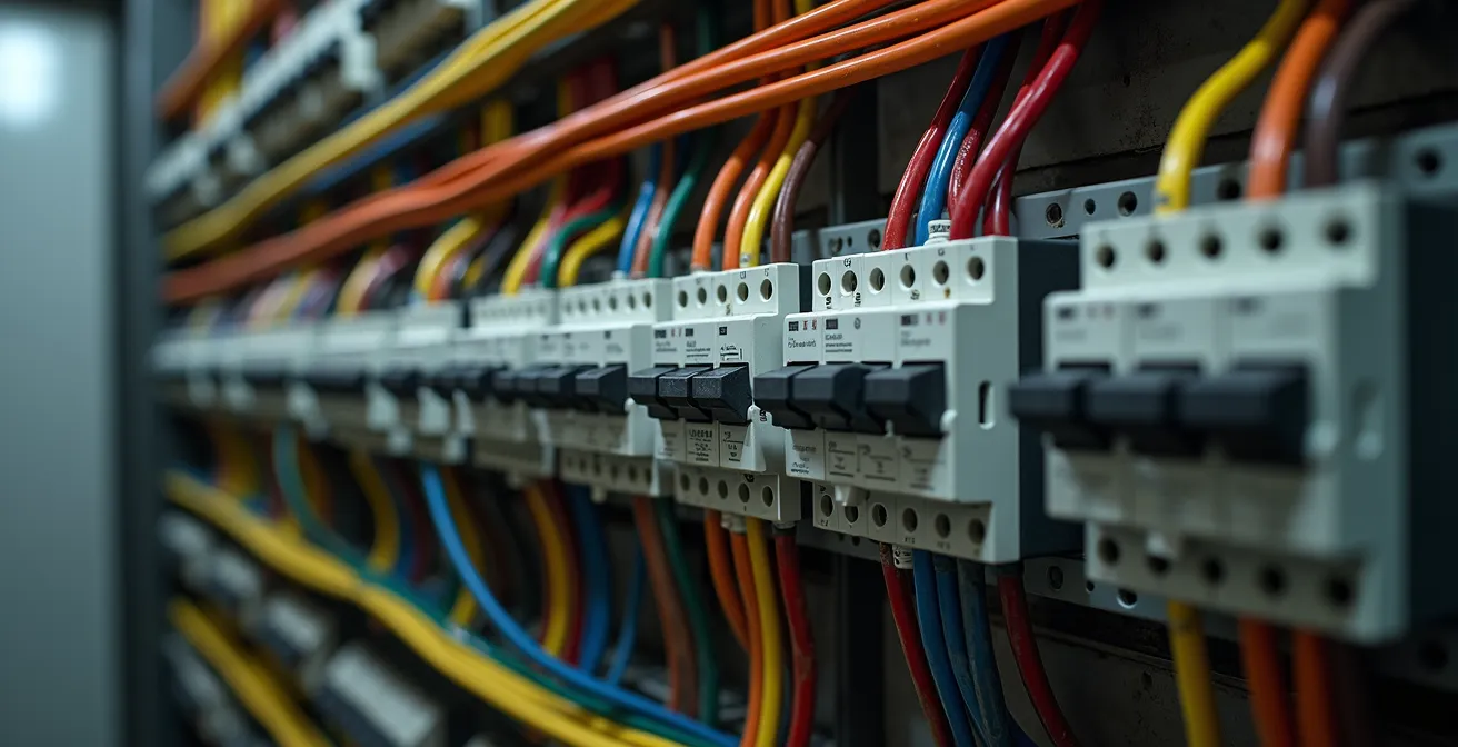 Vue d'ensemble d'un tableau électrique avec zones de vérification prioritaires