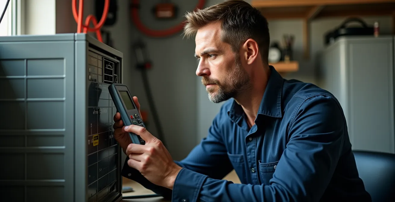 Technicien qualifié effectuant la maintenance d'un onduleur photovoltaïque