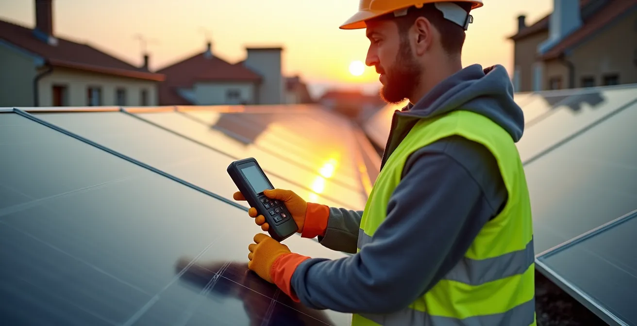 Technicien qualifié utilisant un VAT pour vérifier l'absence de tension sur une installation photovoltaïque
