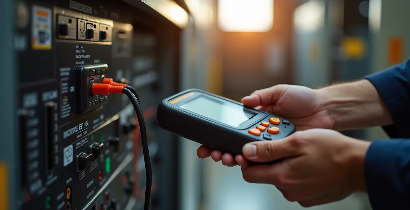 Main testant une prise programmable avec un wattmètre professionnel dans un environnement sécurisé