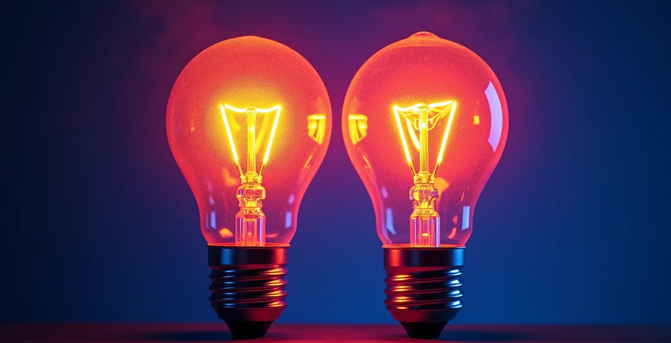 Image thermographique montrant la différence de chaleur entre une ampoule incandescente rouge vif et une LED bleue et froide.