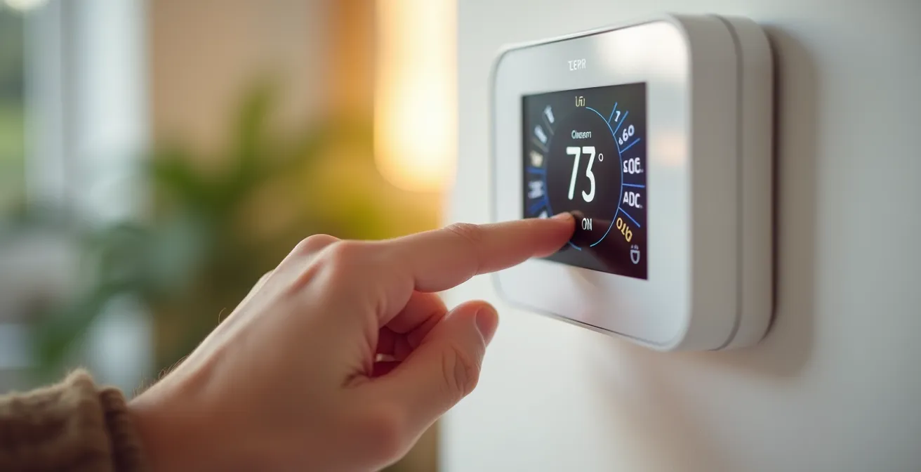 Main ajustant un thermostat connecté moderne avec écran tactile dans un intérieur français