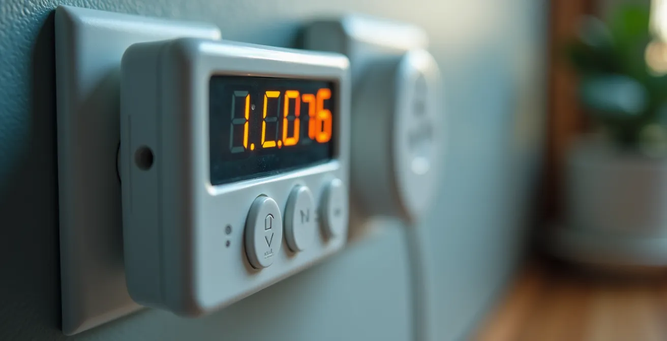 Gros plan sur un wattmètre branché sur une prise électrique affichant des mesures