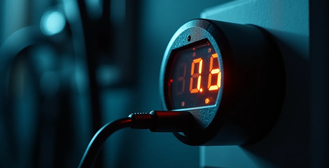 Gros plan sur un wattmètre branché montrant une mesure de consommation