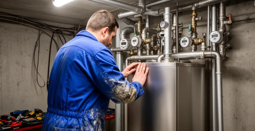 Technicien chauffagiste inspectant une chaudière collective en chaufferie d'immeuble