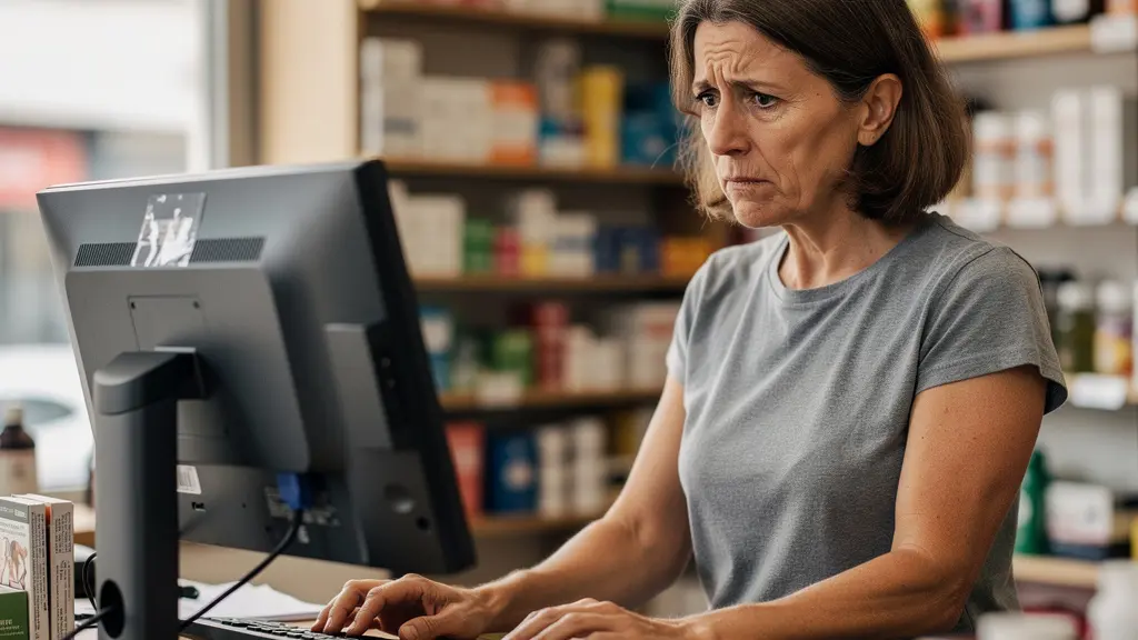 Gérante de commerce analysant sa consommation électrique sur écran avec expression concentrée