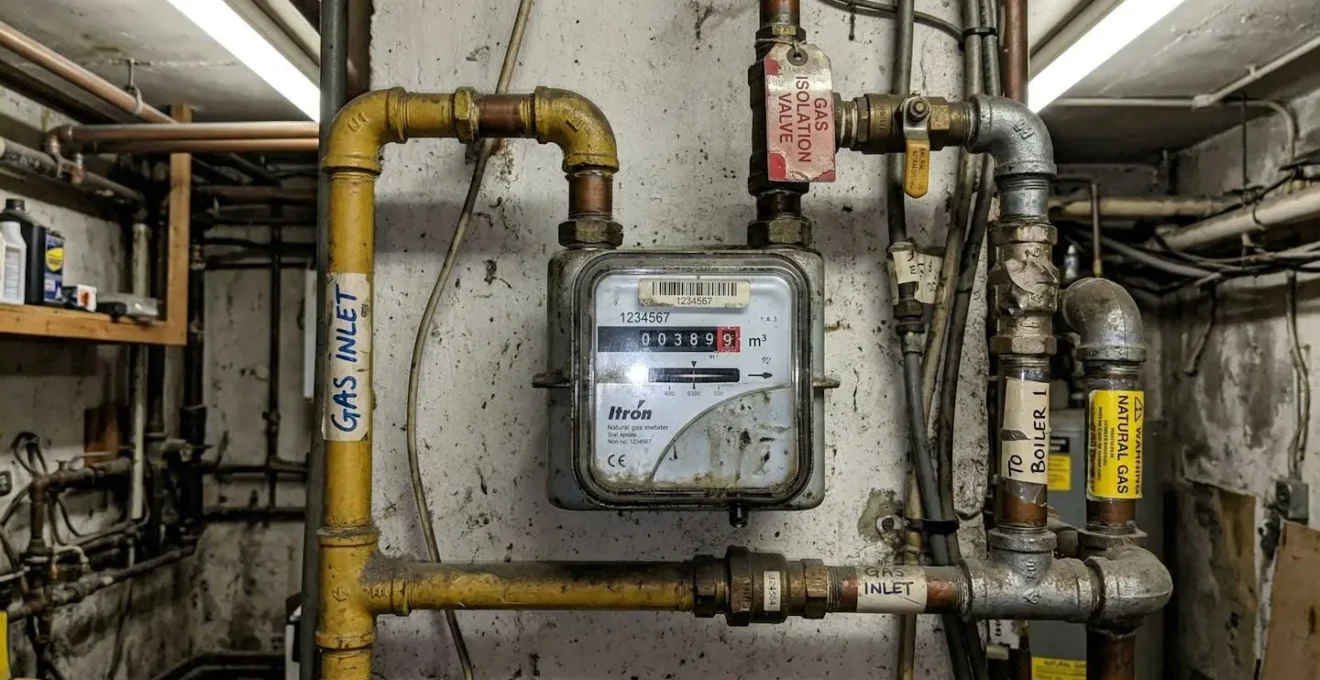 Un compteur de gaz dans un local technique de copropriété avec des tuyaux et des étiquettes d'identification