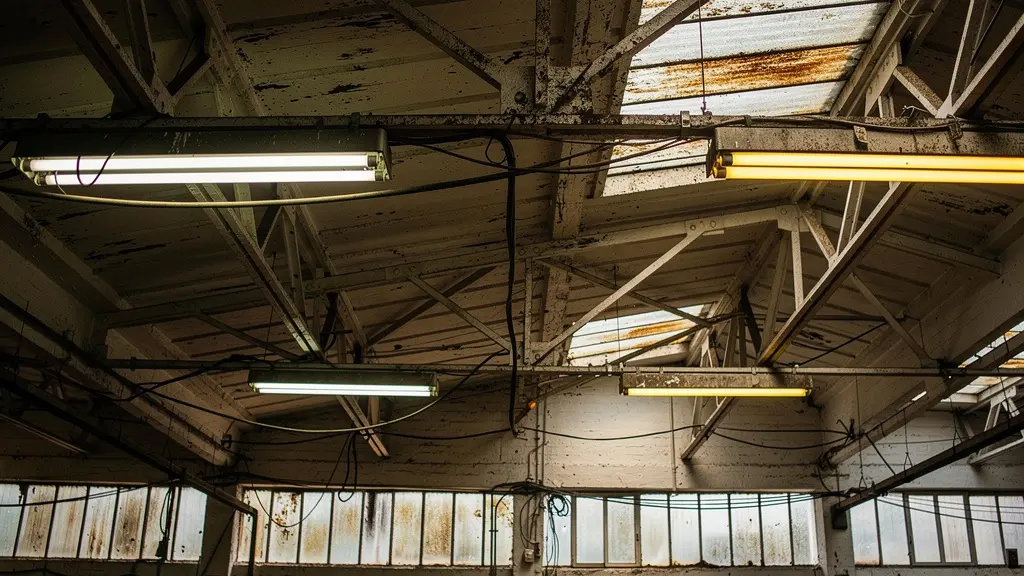 Éclairage fluorescent vieillissant dans un atelier professionnel montrant l'inefficacité énergétique