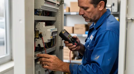 Électricien professionnel inspectant un tableau électrique dans un local commercial
