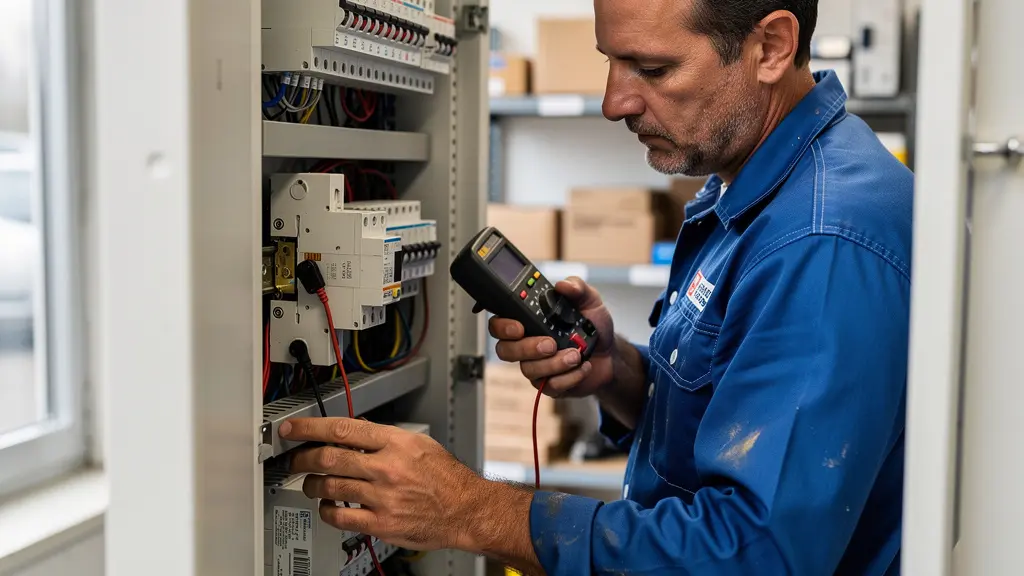 Électricien professionnel inspectant un tableau électrique dans un local commercial
