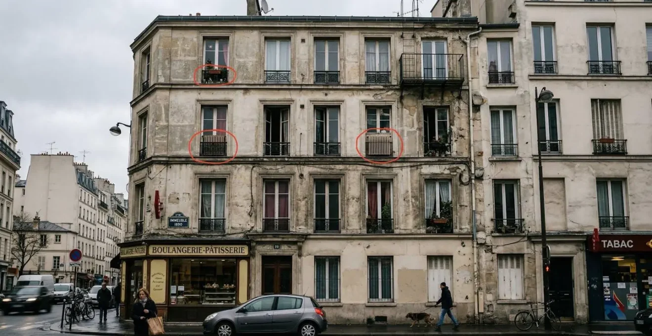 Une façade d'immeuble ancien en ville française avec des radiateurs visibles derrière les fenêtres, ciel nuageux