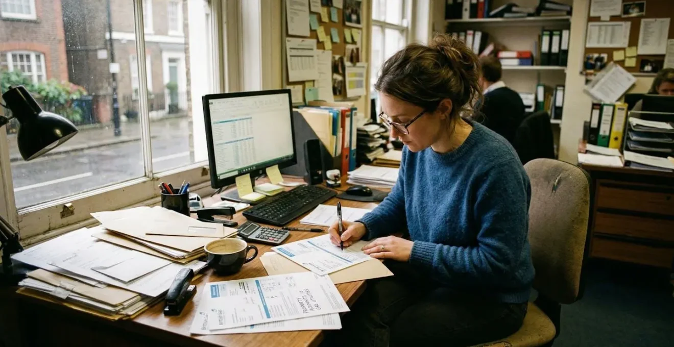 Un gestionnaire de copropriété consulte des factures de gaz sur son bureau encombré de documents, dans un environnement de travail réaliste