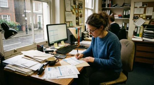 Un gestionnaire de copropriété consulte des factures de gaz sur son bureau encombré de documents, dans un environnement de travail réaliste