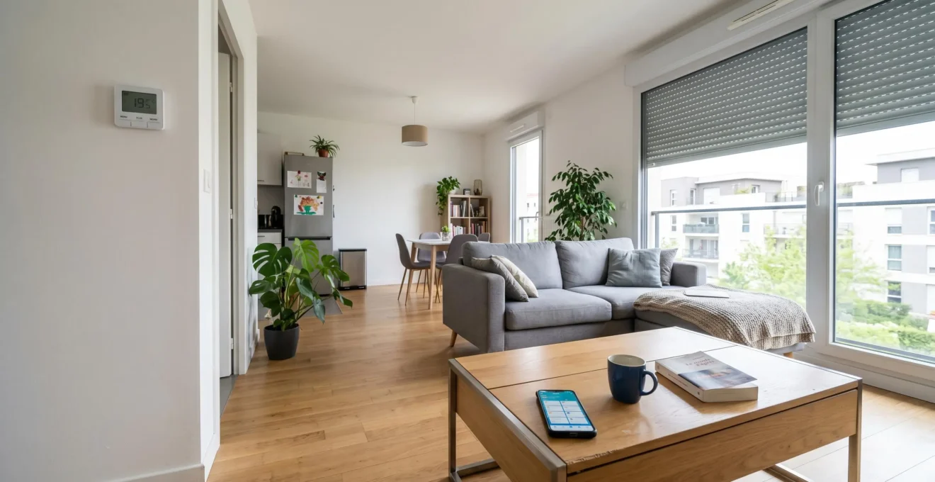 Intérieur de séjour contemporain avec thermostat connecté au mur et volet roulant motorisé visible sur la fenêtre
