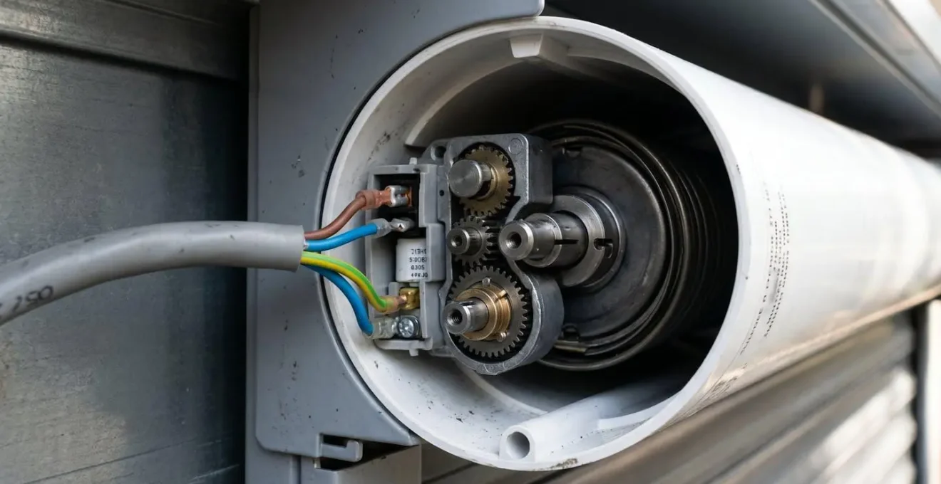 Moteur tubulaire électrique de volet roulant visible dans son logement avec câblage de connexion