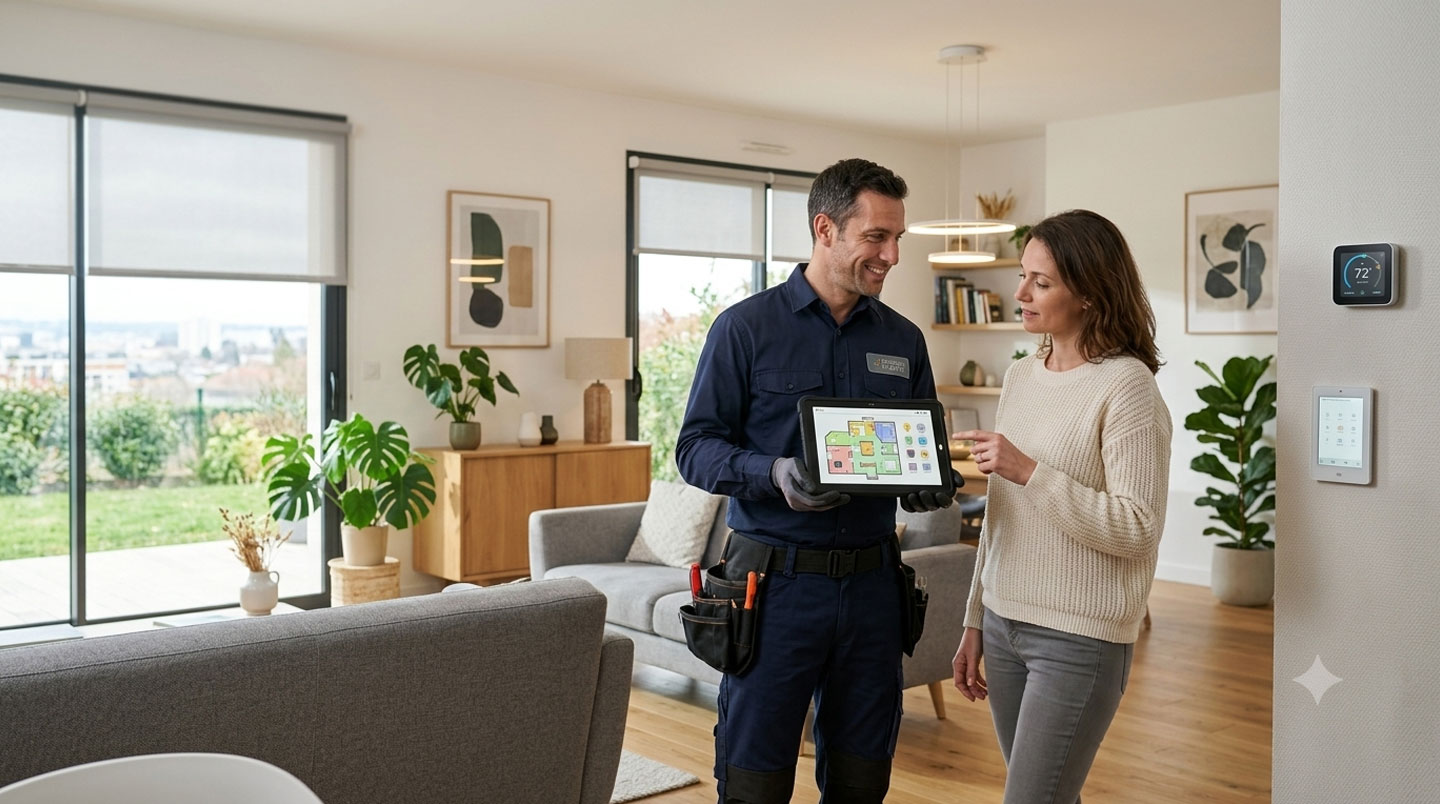 Électricien professionnel d'âge moyen installant un module domotique dans un tableau électrique résidentiel ouvert, geste technique précis, intérieur de maison française en rénovation