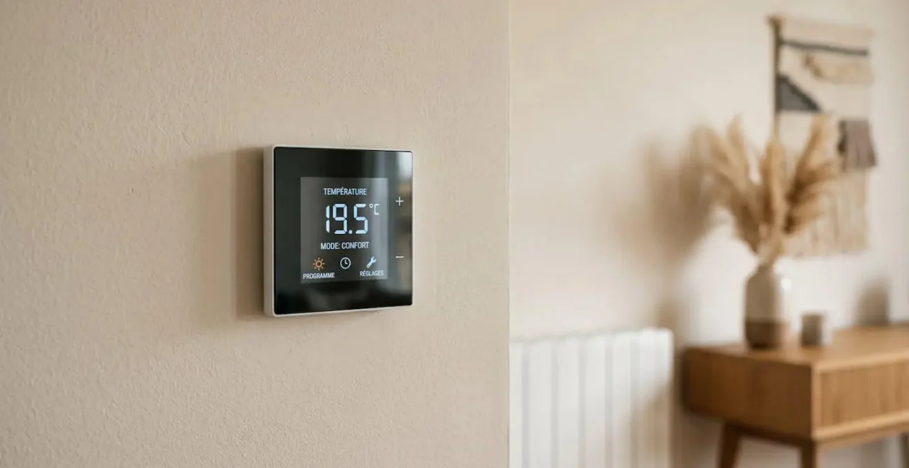 Thermostat connecté moderne fixé sur un mur intérieur blanc, écran digital affichant 19°C avec icônes de programmation, dans un salon contemporain français