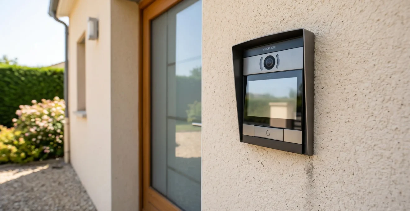 Visiophone moderne installé sur le mur extérieur crépi clair d'une maison individuelle française, à côté d'une porte d'entrée contemporaine, avec haie en arrière-plan