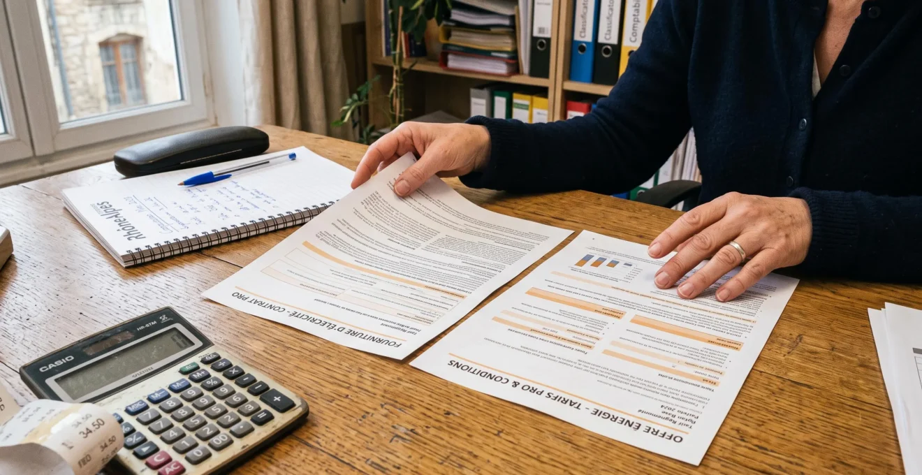 Des mains comparent deux contrats d'électricité sur un bureau.