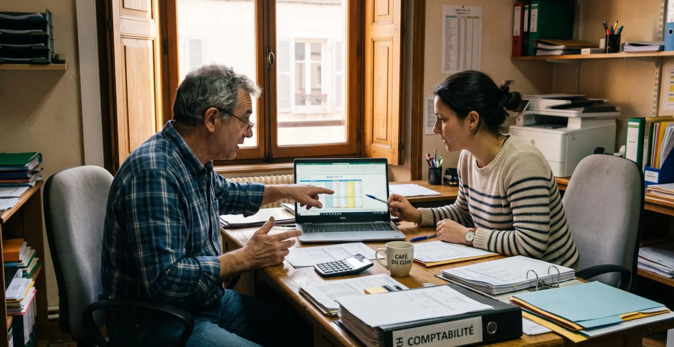 Un dirigeant et sa responsable planifient le budget énergétique au bureau.