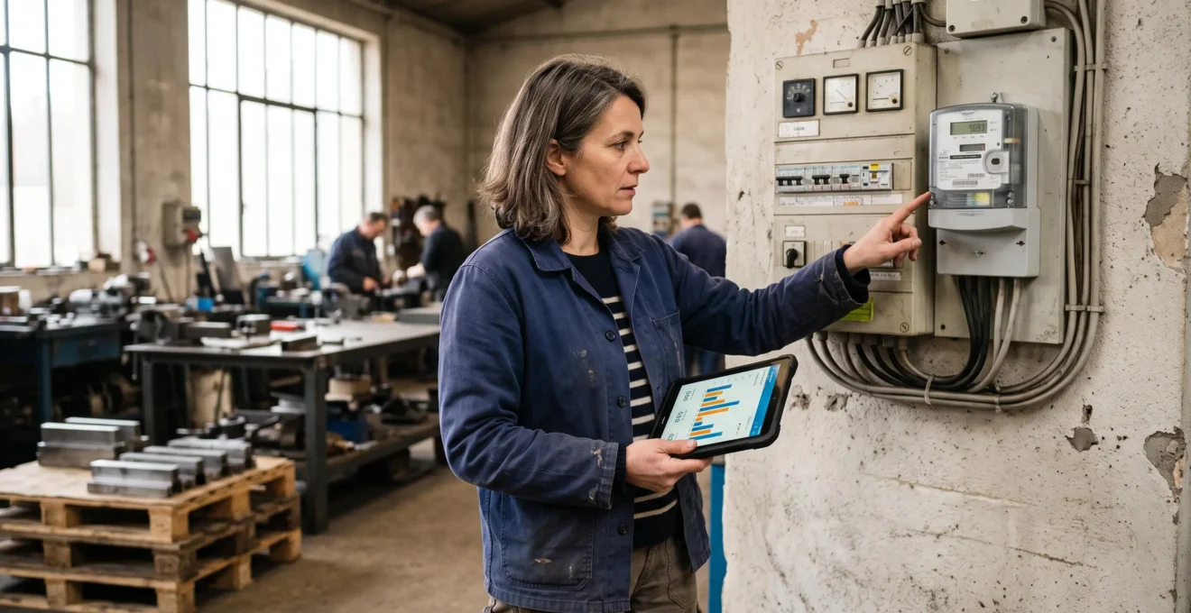 Une dirigeante de PME vérifie le compteur électrique de son atelier.