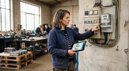 Une dirigeante de PME vérifie le compteur électrique de son atelier.