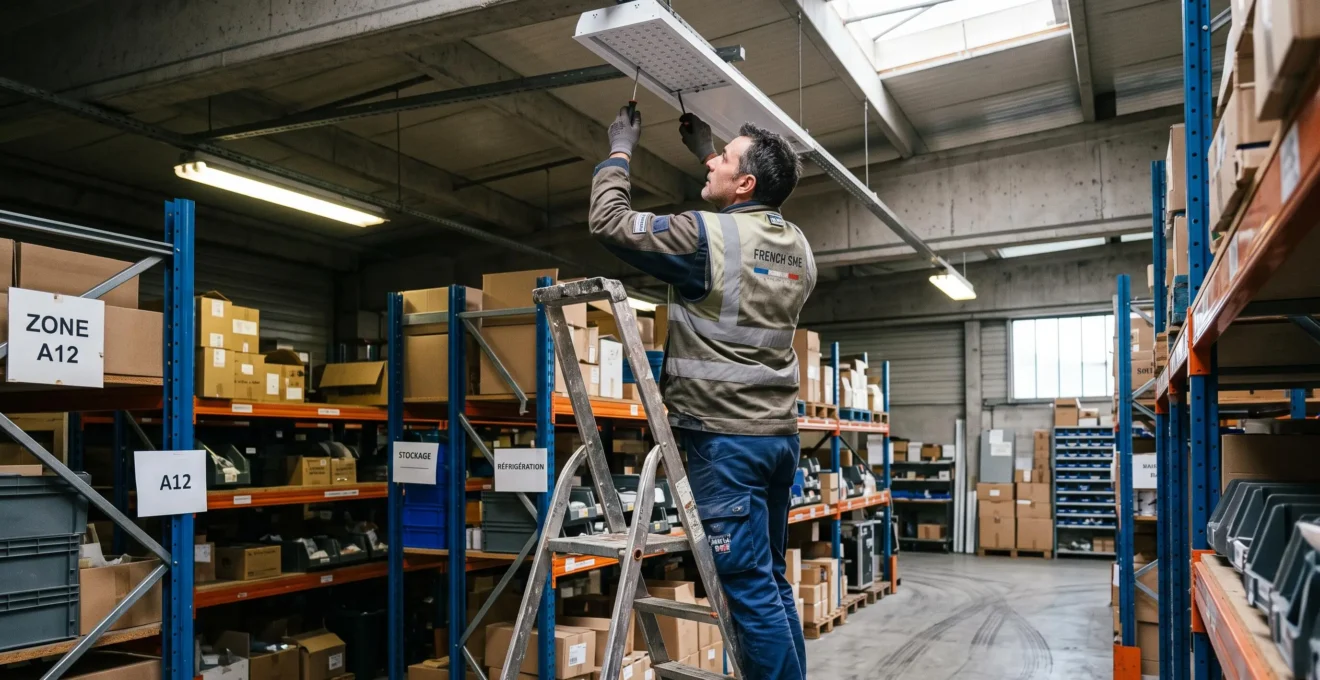 Un technicien remplace un tube fluorescent par un LED dans un entrepôt.